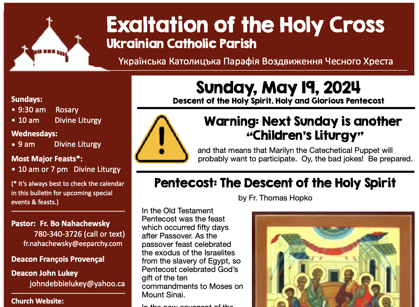 Bulletin May 19, 2024 Pentecost – Exaltation of the Holy Cross ...